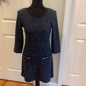 Papillon Midnight Blue 3/4 Sleeve Sweater Zipper Detail Dress- Size S